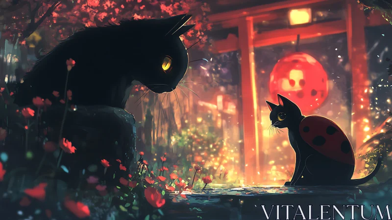 Two black cats with glowing eyes in neon-lit urban garden setting