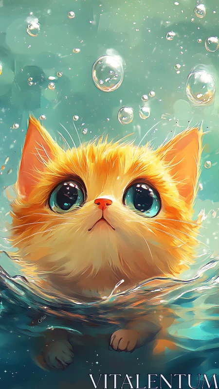 Orange cat with large eyes submerged in turquoise water with bubbles