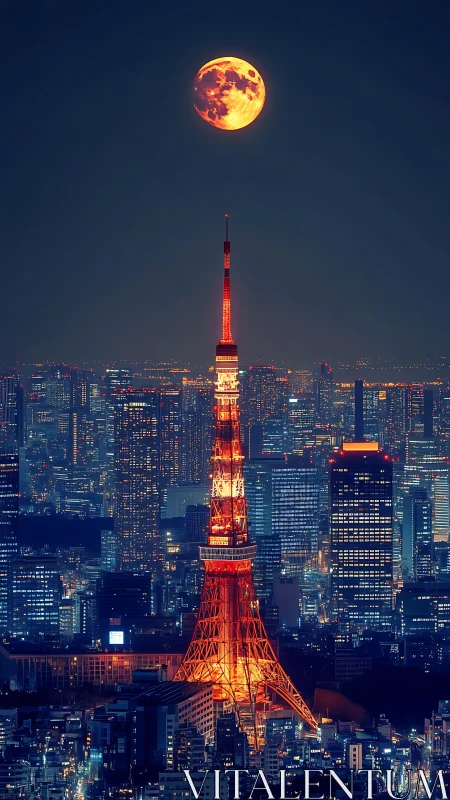 Tokyo Tower glows beneath enlarged orange moon at night