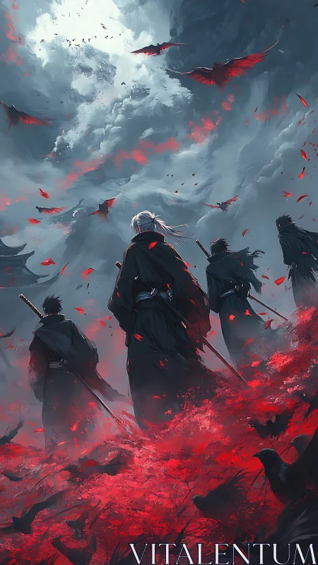 Samurai figures in red field under stormy sky with crows.
