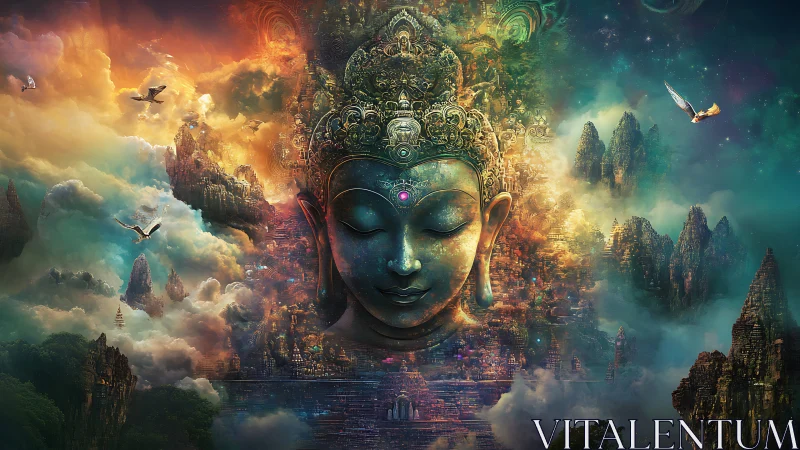 Buddha head amid layered mountains and luminous clouds.