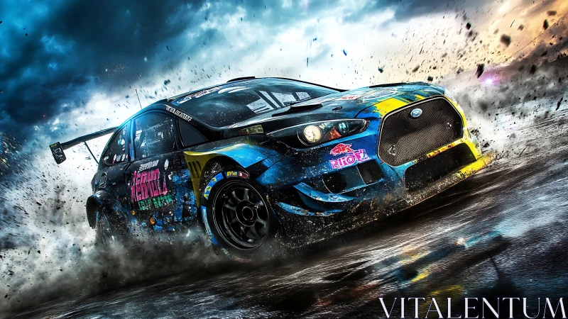 Rally car rendering on wet track with debris and storm clouds.