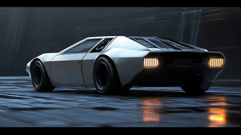 Blade-runner coupe idling in a neon dusk corridor.