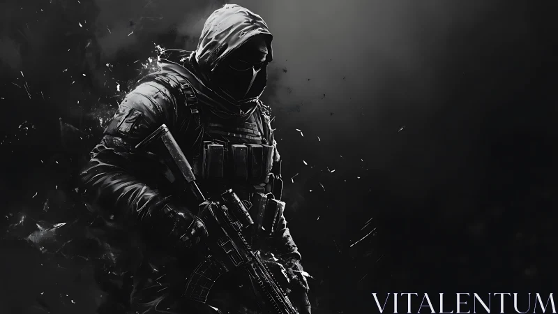 Hooded tactical soldier in dark monochrome combat scene.
