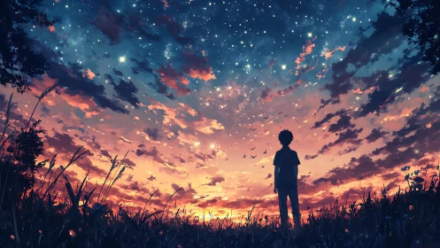 Silhouetted boy under star-swept dusk sky in wild meadow