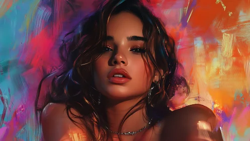Soft gaze in a storm of neon color and dreamy brushstrokes.