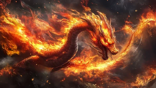 Serpentine fire dragon in mid-flight with incandescent embers