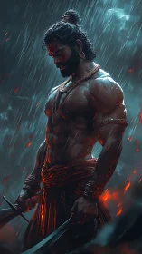 Warrior stands in rain holding dual swords amid embers