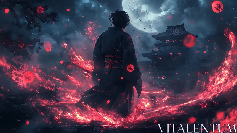 Lone warrior walks through moonlit embers toward home.