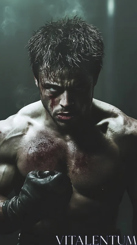 Sweat-soaked bruised boxer under hard top light maintains stance