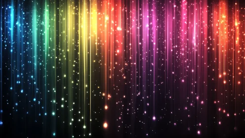Rainbow light trails cascade across dark cosmic field.