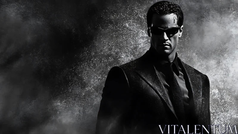 Monochrome suited enforcer emerges from granular smoky backlight