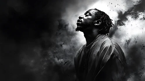 Black and white portrait of man in smoke filled background.