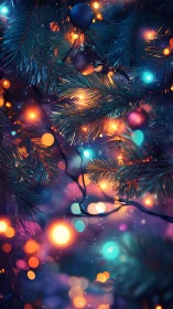 Glowing Christmas tree lights shimmer in a dreamy winter night
