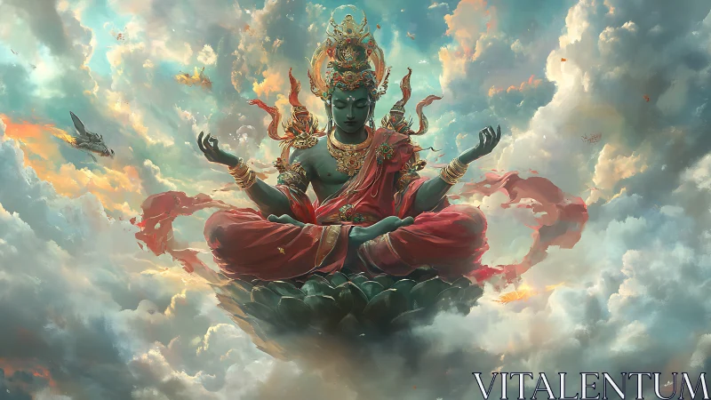 Celestial lotus deity in radiant skyborne meditation.