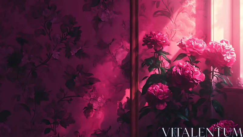 Pink roses catch warm window light against floral wall