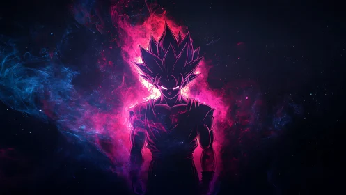 Cosmic warrior silhouette blazing in neon galactic aura.