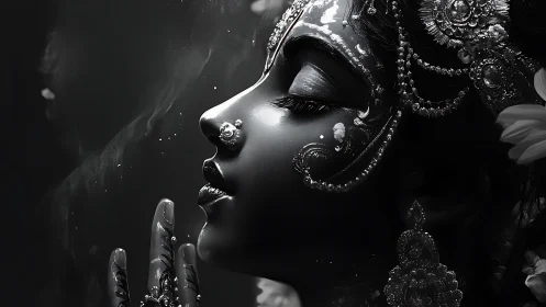 Side profile portrait of ornate woman in monochrome render