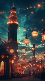 Minaret skyline under dense lantern array and teal twilight sky