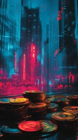 Stacks of digital coins before neon city skyline at night.