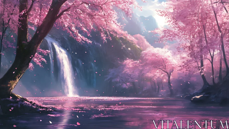 Whispering cherry blossoms cradle a luminous mountain waterfall