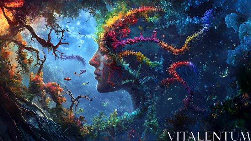 Dreamlike cosmic face drifts through swirling rainbow forest