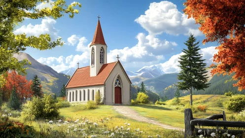 Sunlit country chapel amid vibrant autumn mountainscape.