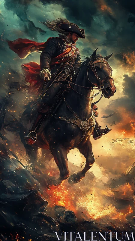 Mounted officer crossing burning battlefield under storm clouds.