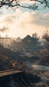 Derelict farmhouse stands in misty post‑apocalyptic dawn.