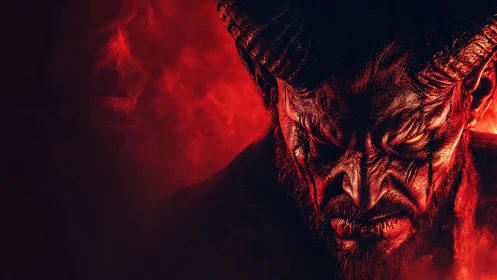 Horned demon portrait glows in infernal red lighting