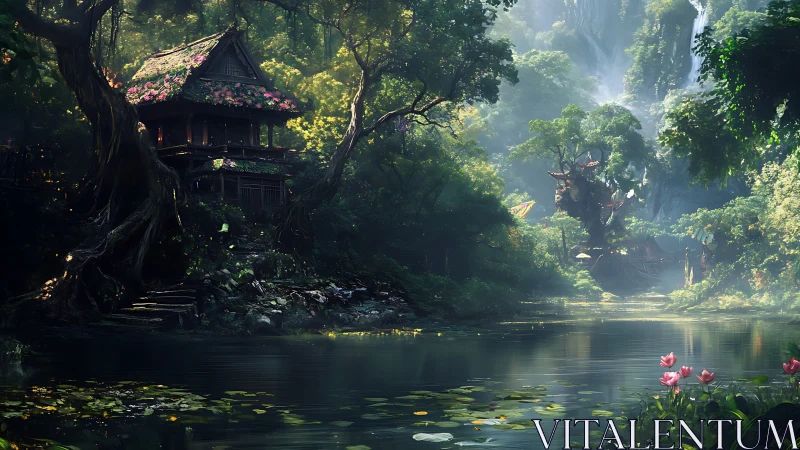 Lakeside jungle retreat with treehouse pagodas and misty falls.