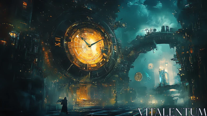 Central luminous clock dominates dense futuristic cityscape