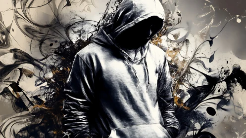 Hooded figure amid turbulent abstract ink dynamics study.