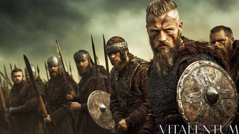 Battle-worn Viking warriors advance in tight spear-wall formation