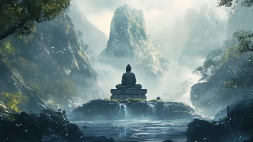 Meditating Buddha overlooks misty zen valley river.
