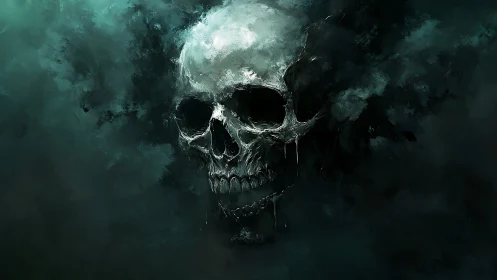 Digital painting skull emerging from abstract shadowed mist.