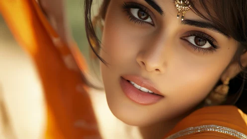 Close-up digital portrait of woman with orange fabric drape.