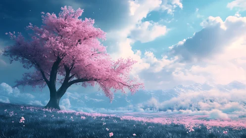 Dreamlike cherry blossom tree under luminous spring sky.