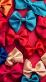 Chromatic grosgrain bow array on saturated red substrate.