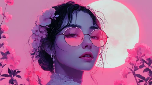 Neon-lit floral portrait with pink moonlit atmosphere.