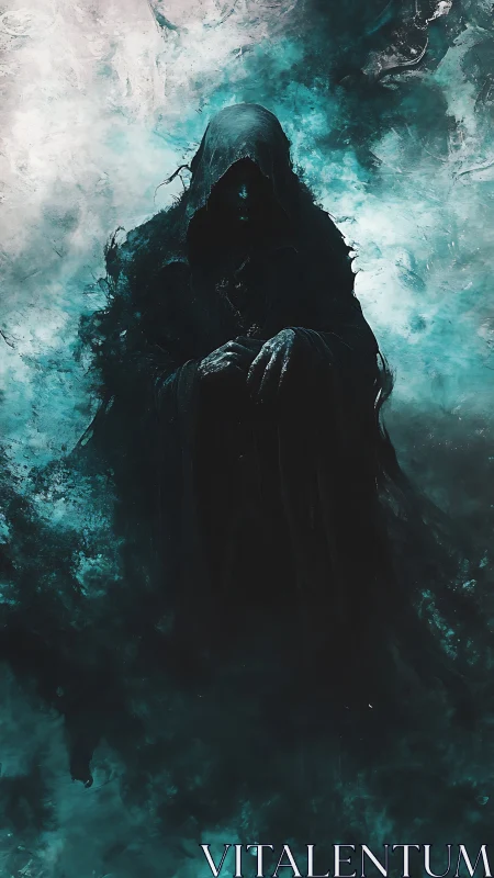 Shrouded wanderer in swirling teal mist of quiet mystery.