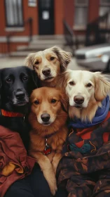 Four urban dogs pose closely in shallow-depth street portrait