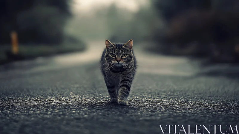 Striped Tabby Cat Walking Centered on Asphalt Road.
