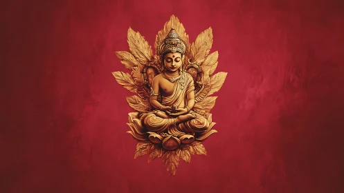 Golden seated Buddha relief on deep red textured backdrop.