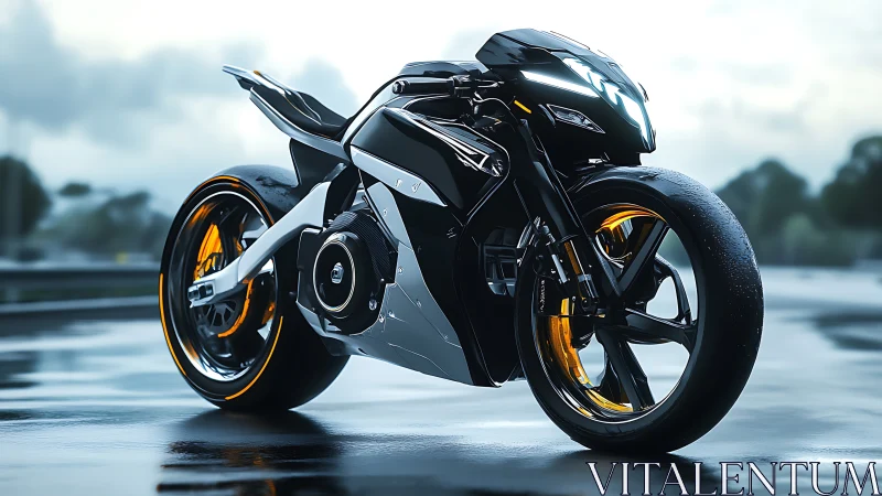 Futuristic electric sport motorcycle on wet urban roadway.
