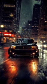 Muscle car attacks rain-soaked neon city street at night.