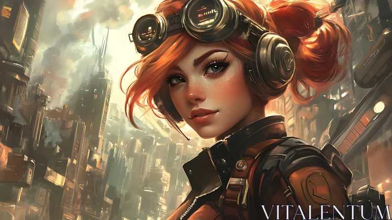 Red haired engineer in goggles stands in dense cyber city