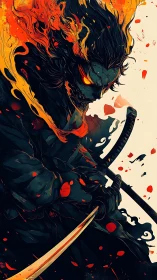 Flame-eyed shadow samurai carves through embers and night.