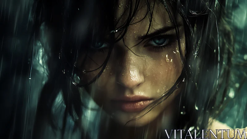 Storm-lit resolve in a rain-soaked, piercing gaze portrait.