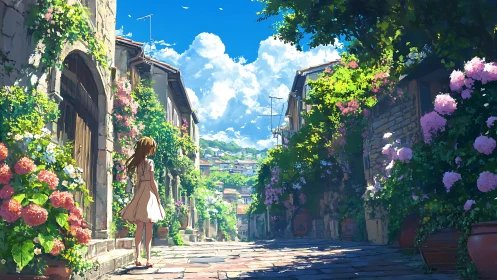 Sunlit floral alleyway with anime girl under cumulus sky.